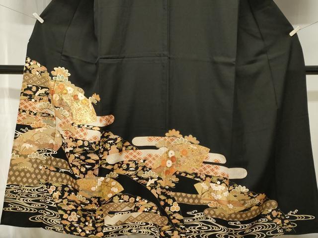 平和屋着物■豪華黒留袖 駒刺繍 地紙宝尽くし飛鶴花文 金彩 胴抜き仕立て 正絹 逸品 CABJ3229ev