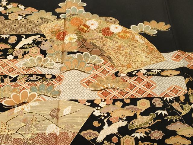 平和屋着物■豪華黒留袖 駒刺繍 地紙宝尽くし飛鶴花文 金彩 胴抜き仕立て 正絹 逸品 CABJ3229ev
