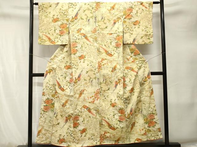 平和屋着物■上質な小紋 鳳凰流水草花文 金彩 鬼しぼ縮緬 正絹 逸品 CABJ3276ev