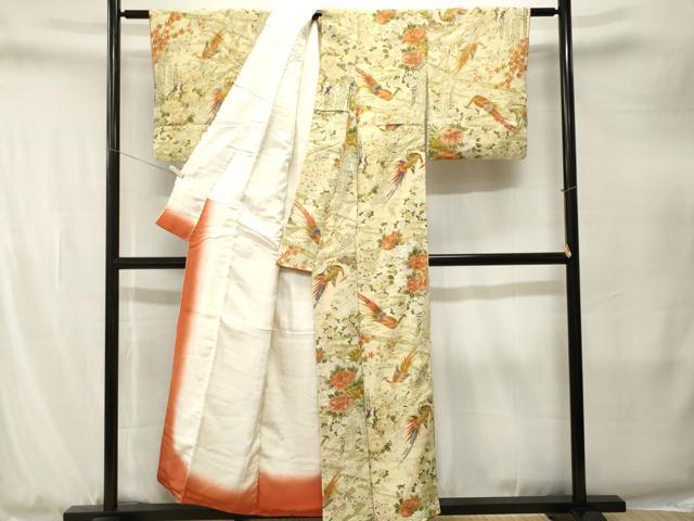 平和屋着物■上質な小紋 鳳凰流水草花文 金彩 鬼しぼ縮緬 正絹 逸品 CABJ3276ev