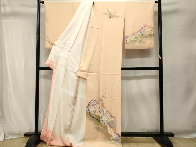 平和屋着物■訪問着 刺繍 枝梅流水飛鶴文 暈し染め 金銀彩 正絹 逸品 CABJ3337ev