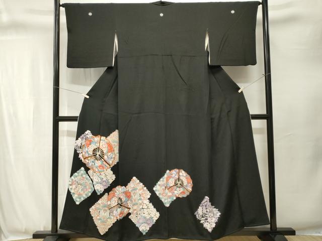 平和屋着物■豪華黒留袖 駒刺繍 扇面双鶴菱文 正絹 逸品 CABJ3355ev