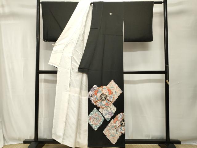 平和屋着物■豪華黒留袖 駒刺繍 扇面双鶴菱文 正絹 逸品 CABJ3355ev
