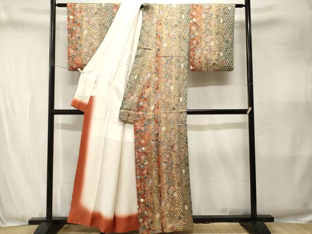 平和屋着物■上質な小紋 絞り 扇面鼓花蝶間道 暈し染め 金彩 正絹 逸品 CABJ3407ev