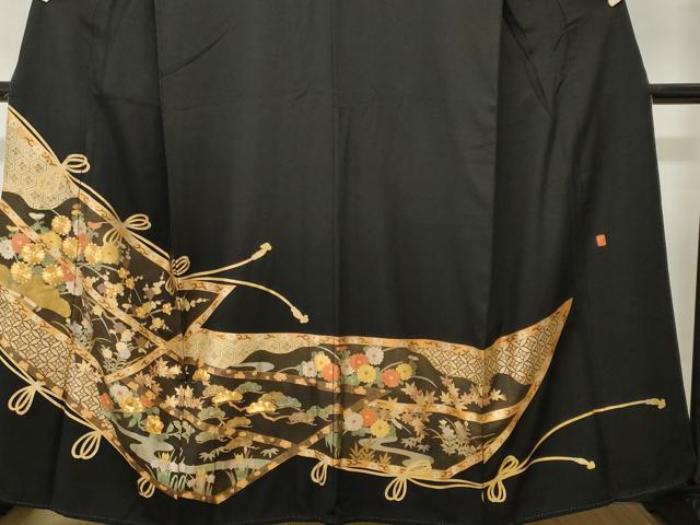 平和屋着物■十日町友禅作家 龍谷 黒留袖 駒刺繍 松竹梅吉祥文 正絹 逸品 CABJ3414ev