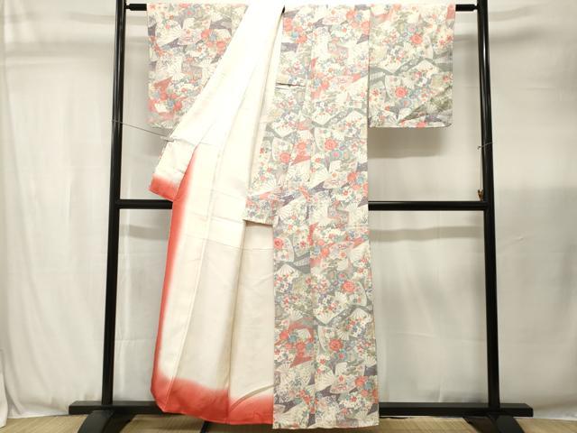 平和屋着物■上質な小紋 扇面鳳凰花蝶文 暈し染め 金彩 正絹 逸品 CABJ3481ev