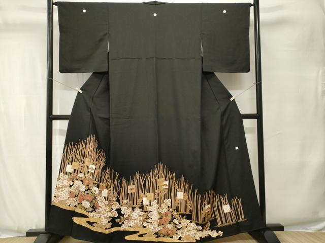 平和屋着物■豪華黒留袖 作家物 流水草花文 百人一首 金彩 正絹 逸品 CABJ3490ev