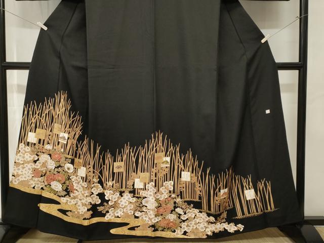 平和屋着物■豪華黒留袖 作家物 流水草花文 百人一首 金彩 正絹 逸品 CABJ3490ev