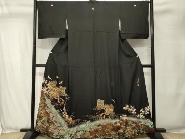 平和屋着物■谷崎潤一郎の世界 黒留袖 駒刺繍 御所車飛鶴枝花文 暈し染め 金彩 正絹 逸品 CABJ3504ev