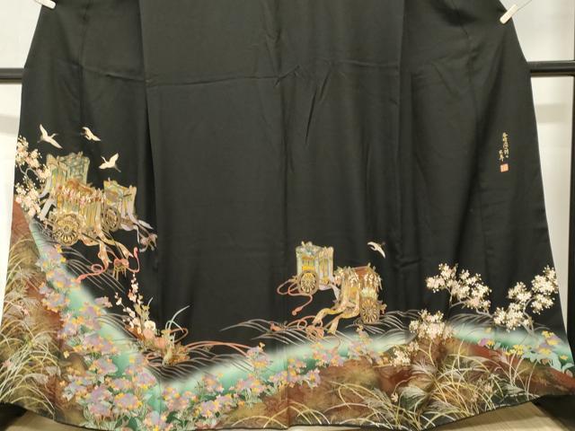 平和屋着物■谷崎潤一郎の世界 黒留袖 駒刺繍 御所車飛鶴枝花文 暈し染め 金彩 正絹 逸品 CABJ3504ev