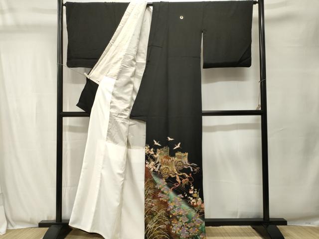 平和屋着物■谷崎潤一郎の世界 黒留袖 駒刺繍 御所車飛鶴枝花文 暈し染め 金彩 正絹 逸品 CABJ3504ev