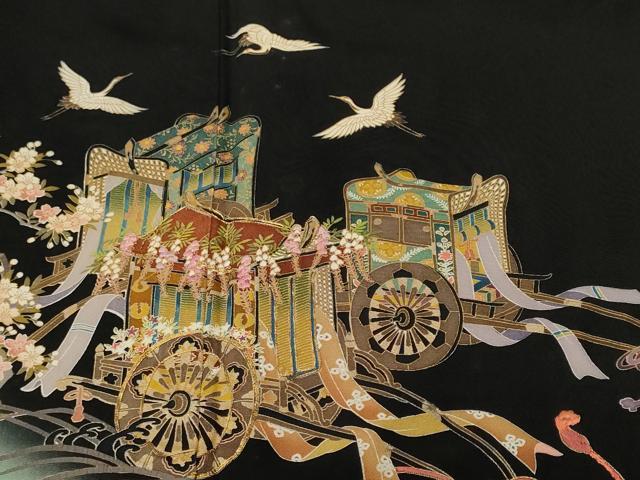平和屋着物■谷崎潤一郎の世界 黒留袖 駒刺繍 御所車飛鶴枝花文 暈し染め 金彩 正絹 逸品 CABJ3504ev
