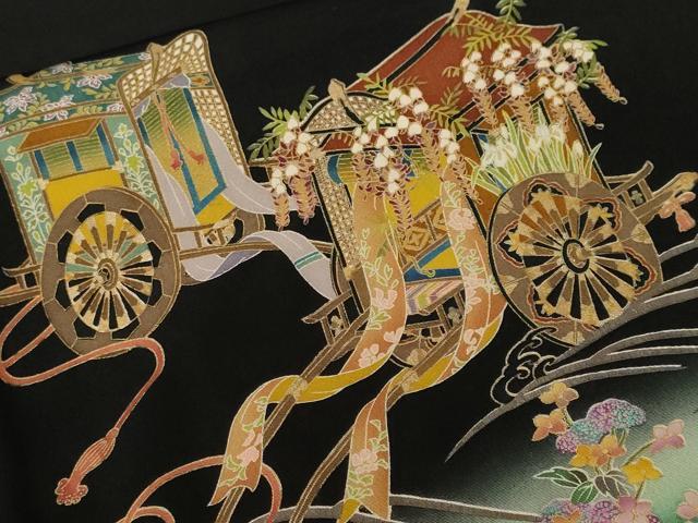 平和屋着物■谷崎潤一郎の世界 黒留袖 駒刺繍 御所車飛鶴枝花文 暈し染め 金彩 正絹 逸品 CABJ3504ev