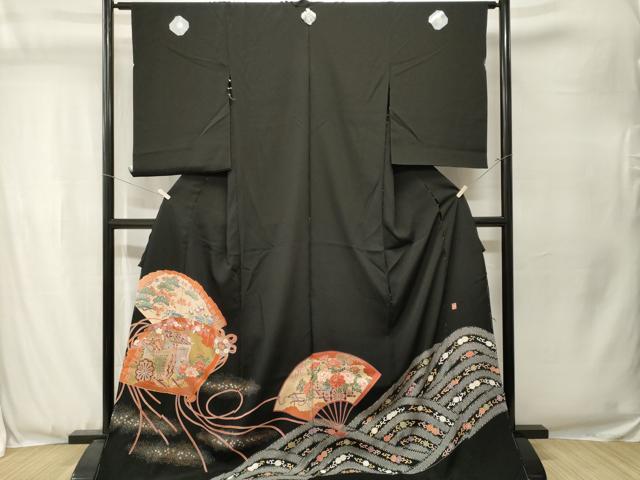平和屋着物■豪華黒留袖 仮絵羽 作家物 駒刺繍 檜扇御所車文 金彩 正絹 逸品 未使用 CABJ3534ev