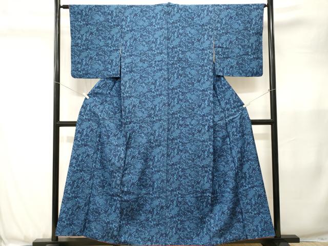 平和屋着物■上質な小紋 藍 型染め 草花文 正絹 逸品 CABJ3583ev
