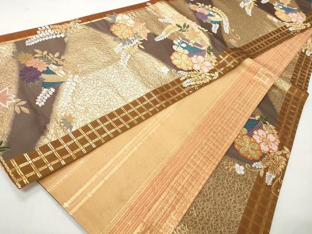 平和屋着物◎両面 全通柄袋帯 唐織 糸巻花文 金糸 正絹 逸品 CABJ3606qe