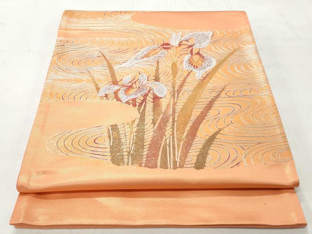 平和屋着物◎中国三大刺繍 相良刺繍 太鼓柄袋帯 流水杜若文 銀彩 正絹 逸品 CABJ3608qe