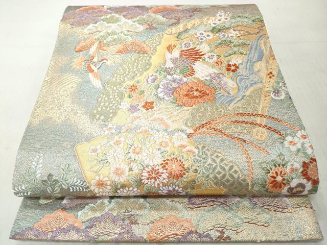 平和屋着物◎六通柄袋帯 唐織 扇面鳳凰枝松花文 金糸 正絹 逸品 CABJ3646qe