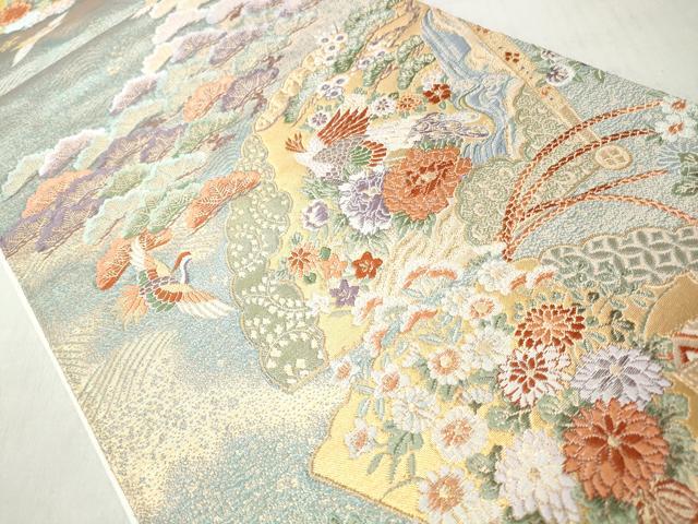 平和屋着物◎六通柄袋帯 唐織 扇面鳳凰枝松花文 金糸 正絹 逸品 CABJ3646qe