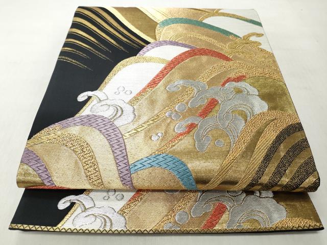 平和屋着物◎六通柄袋帯 立波文 黒地 金銀糸 正絹 逸品 CABJ3649qe