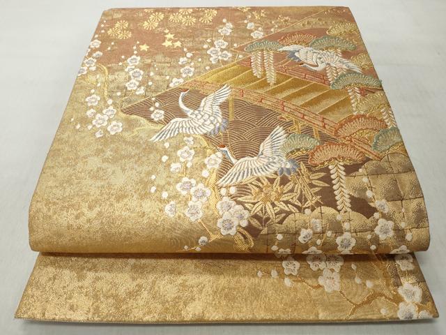 平和屋着物◎六通柄袋帯 唐織 飛鶴草花文 金糸 正絹 逸品 CABJ3657qe