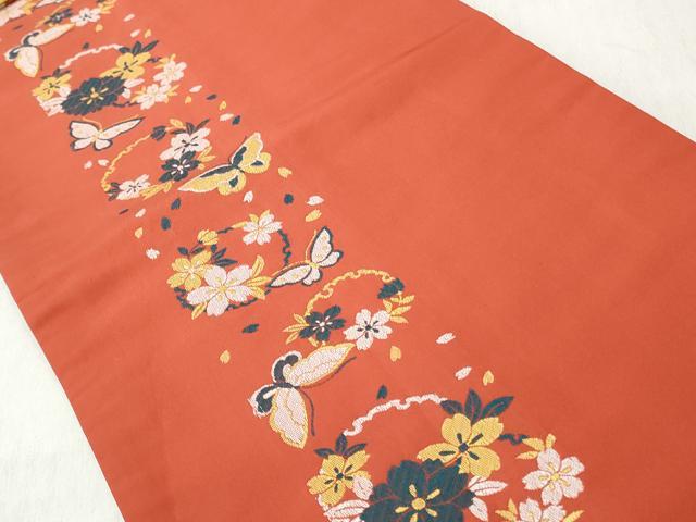 平和屋着物◎両面 六寸帯 雪輪花蝶文 正絹 逸品 CABJ3693qe