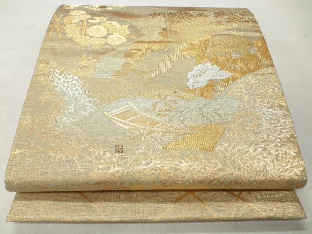 平和屋着物◎六通柄袋帯 地紙草花文 金銀糸 正絹 逸品 CABJ3715qe