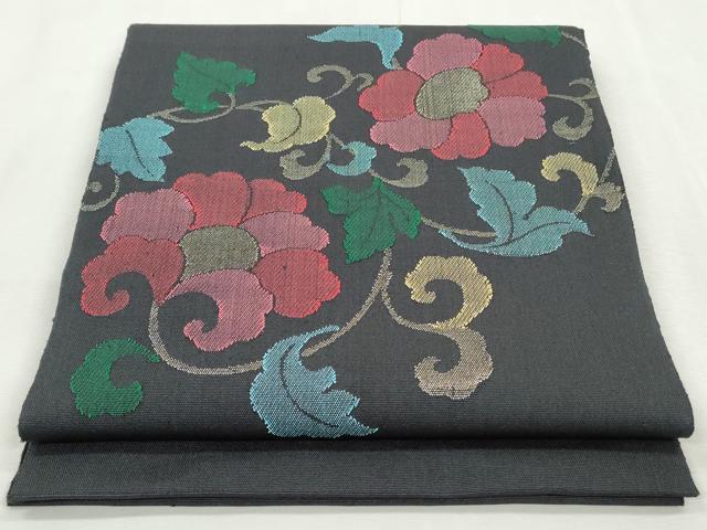 平和屋着物◎八寸名古屋帯 更紗花唐草文 黒地 金糸 正絹 逸品 CABJ3765qe