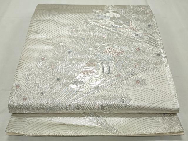 平和屋着物◎六通柄袋帯 唐織 孔雀羽扇面文 銀糸 正絹 逸品 CABJ3773qe