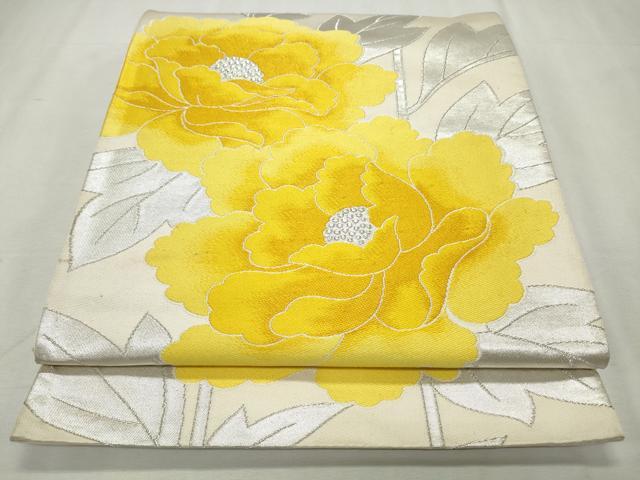 平和屋着物◎六通柄袋帯 唐織 牡丹 銀糸 正絹 逸品 CABJ3774qe