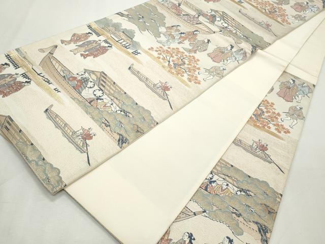平和屋着物◎六通柄袋帯 唐織 隅田川舟遊之図 金糸 正絹 逸品 CABJ3784qe