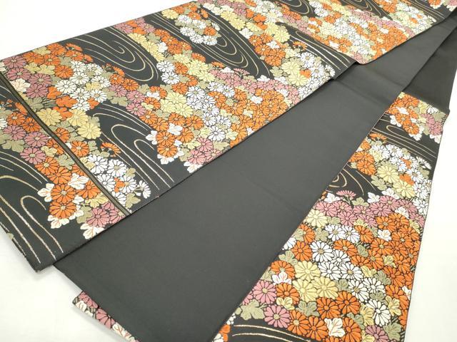 平和屋着物◎六通柄袋帯 唐織 流水草花文 黒地 金糸 正絹 逸品 CABJ3786qe