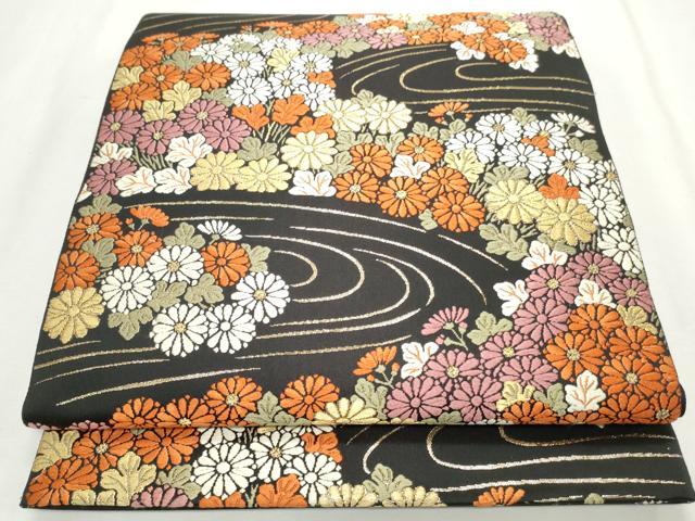平和屋着物◎六通柄袋帯 唐織 流水草花文 黒地 金糸 正絹 逸品 CABJ3786qe