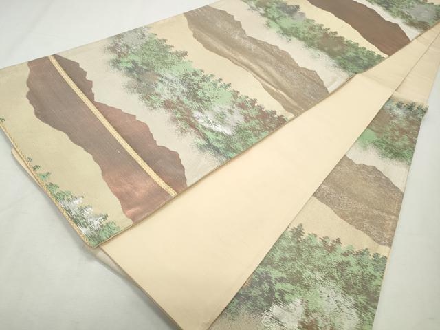 平和屋着物◎六通柄袋帯 遠山樹林文 銀糸 引箔 正絹 逸品 CABJ3801qe