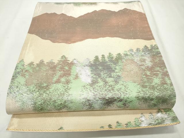 平和屋着物◎六通柄袋帯 遠山樹林文 銀糸 引箔 正絹 逸品 CABJ3801qe