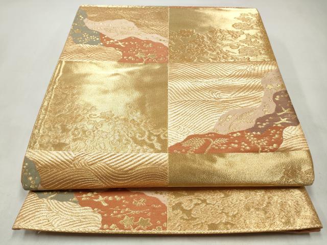 平和屋着物◎六通柄袋帯 市松流水草花文 正絹 逸品 CABJ3834qe