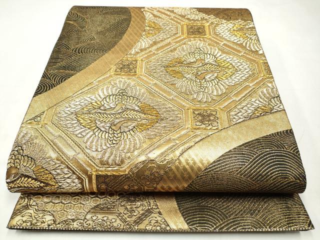 平和屋着物◎六通柄袋帯 蜀江双鶴花文 黒地 金糸 正絹 逸品 CABJ3853qe