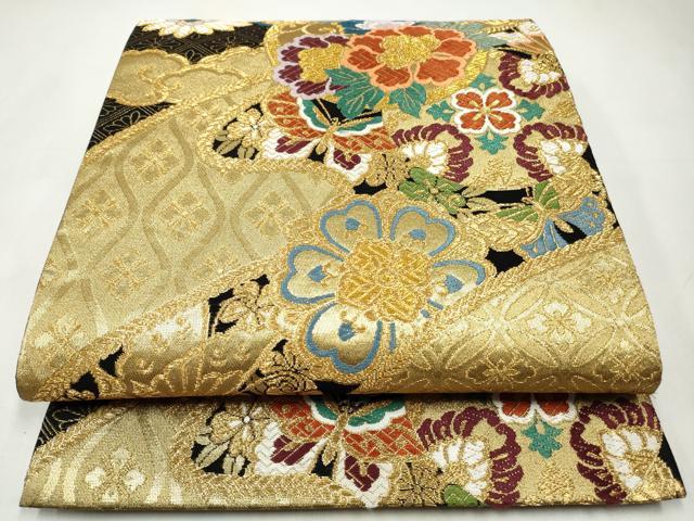 平和屋着物◎六通柄袋帯 唐織 花蝶文 黒地 金糸 正絹 逸品 CABJ3855qe
