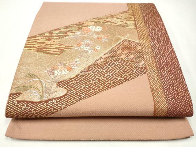 平和屋着物◎太鼓柄袋帯 駒刺繍 吉祥草花文 金彩 正絹 逸品 CABJ3863qe