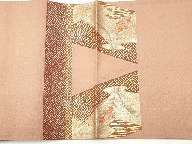 平和屋着物◎太鼓柄袋帯 駒刺繍 吉祥草花文 金彩 正絹 逸品 CABJ3863qe