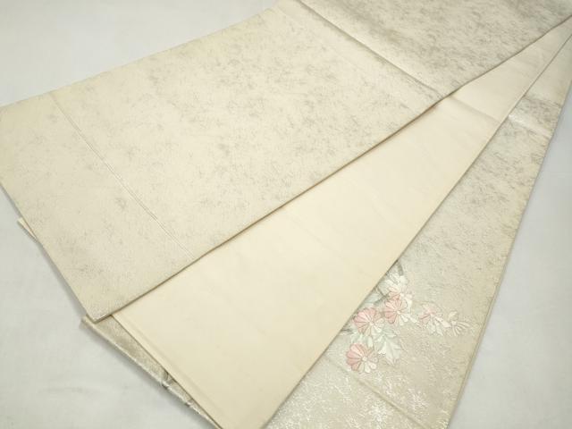 平和屋着物◎太鼓柄袋帯 総刺繍 扇面草花文 銀糸 正絹 逸品 CABJ3864qe