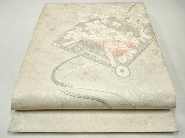平和屋着物◎太鼓柄袋帯 総刺繍 扇面草花文 銀糸 正絹 逸品 CABJ3864qe