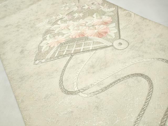 平和屋着物◎太鼓柄袋帯 総刺繍 扇面草花文 銀糸 正絹 逸品 CABJ3864qe