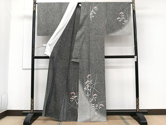 平和屋着物*夏物 訪問着 絽 枝草花文 たたき染め 黒地 銀彩 正絹 逸品 CABJ4100xi