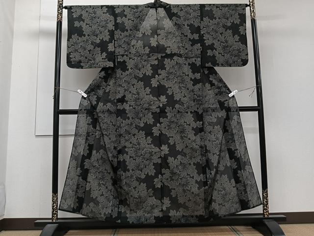 平和屋着物*夏物 小紋 紗 舞葉文 黒地 洗える着物 CABJ4228xi