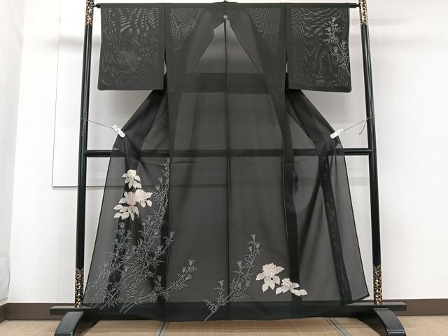 平和屋着物*夏物 訪問着 絽 枝草花文 黒地 金彩 正絹 逸品 CABJ4275xi