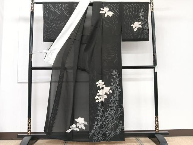 平和屋着物*夏物 訪問着 絽 枝草花文 黒地 金彩 正絹 逸品 CABJ4275xi