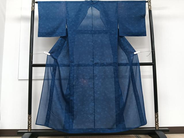 平和屋着物*夏物 小紋 紗 藍 こぼれ松葉花文 正絹 逸品 CABJ4277xi