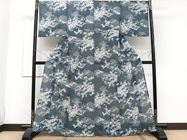 平和屋着物*夏物 小紋 絽 幾何学風景花文 洗える着物 CABJ4283xi