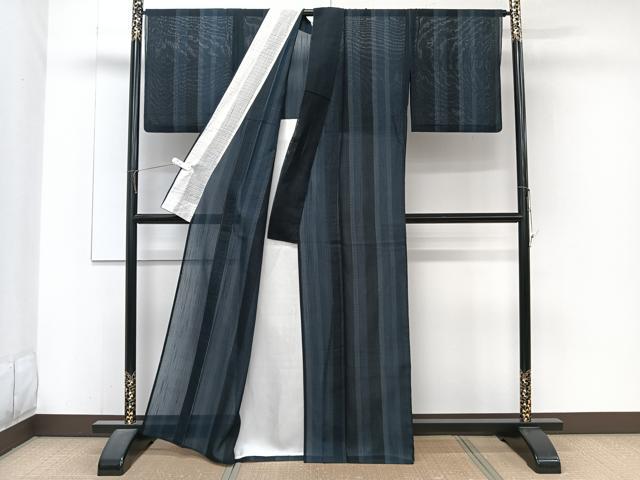 平和屋着物*夏物 夏結城 100亀甲 亀甲間道 黒地 正絹 逸品 CABJ4312xi